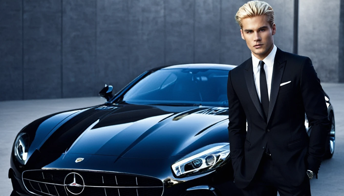 I want a blonde man wearing black formal clothes, in front of a silver sports car, in a slightly dark environment