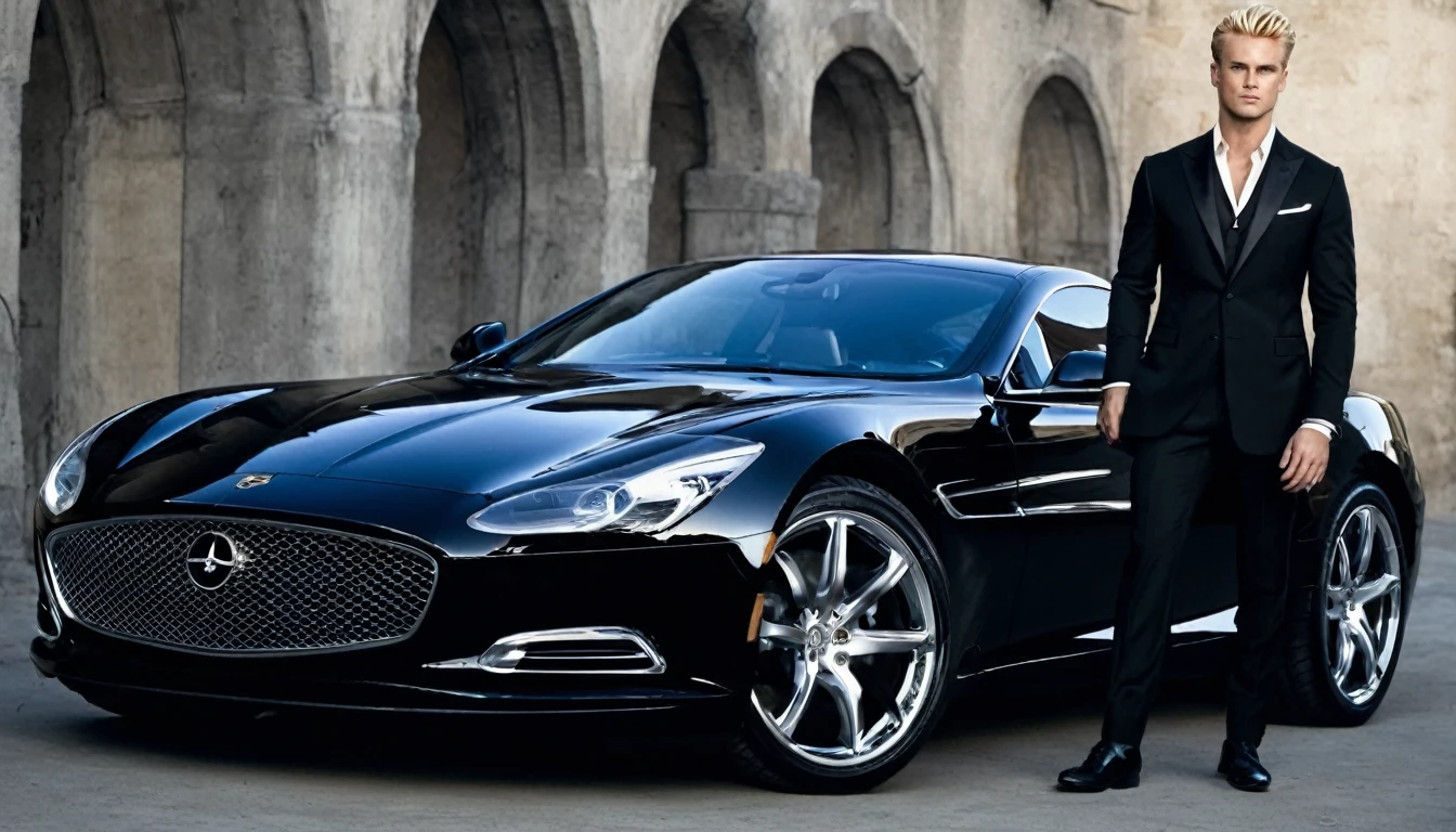 I want a blonde man wearing black formal clothes, in front of a silver sports car, in a slightly dark environment