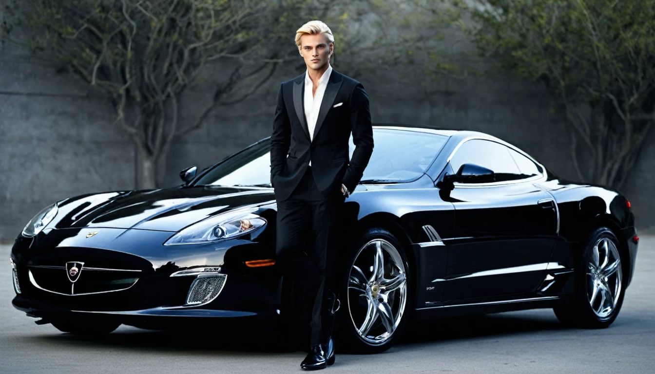 I want a blonde man wearing black formal clothes, in front of a silver sports car, in a slightly dark environment
