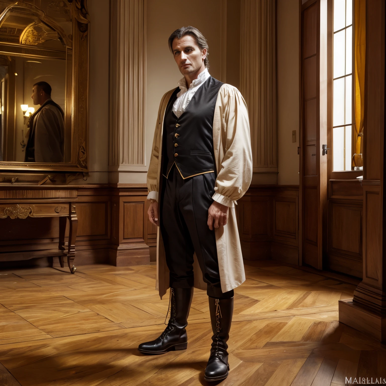 A big breasts LaGermania with straight black hair!!!! Dressed in a Spanish men's costume of the 18th century !!!!! he stands tall against the background of an ornate room , his thoughtful gaze is visible , his boots are visible !!!!! ((masterpiece)), ((best quality)) , high detail,, highest detail, high detail, color rendering, beautiful, HDR, Photorealistic,inspired by Daniel Conway , Matt Allsopp , Thomas Alain Kopera