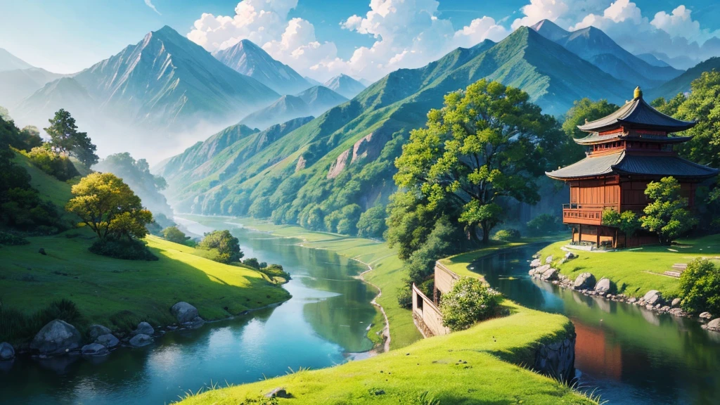 a peaceful landscape, Could be a painting, with a river flowing through the valley and traditional Asian-style houses nestled among lush green nature. The mist-covered mountains lie in the background, and there are birds flying in the sky. The scene is quiet and in harmony with nature, may attract attention for its aesthetic beauty or cultural representation.