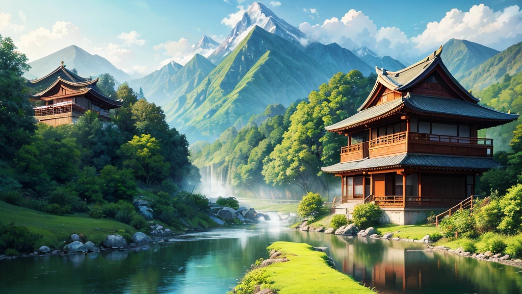 a peaceful landscape, Could be a painting, with a river flowing through the valley and traditional Asian-style houses nestled among lush green nature. The mist-covered mountains lie in the background, and there are birds flying in the sky. The scene is quiet and in harmony with nature, may attract attention for its aesthetic beauty or cultural representation.