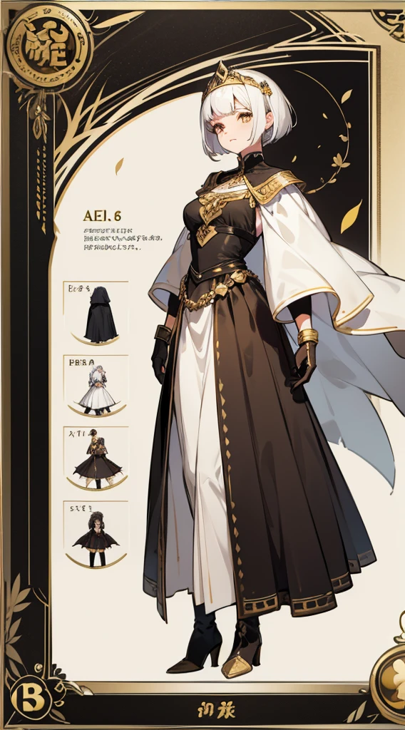 character sheet, character design, multiple angles, full body, beautiful woman, white hair, short Cleopatra style hair, ((crew cut: 1)), light brown eyes, fair skin, ((muscular: 1)), female, 28 years old Wearing a black blouse, gold details, brown shawl leather, gray open-leg skirt, black boots, long black gloves, flies, insects, beetles, ants. dry leaves falling to the bottom, queen of the plague.