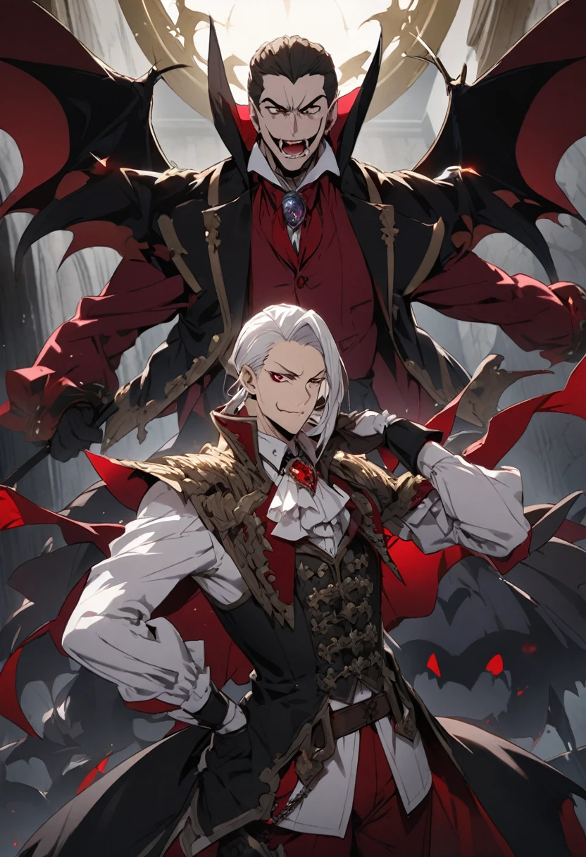 Vampire、Nobleman's Mansion、Super luxury room、Elegant furnishings、Late Night、Glowing red eyes、Vampireの牙、