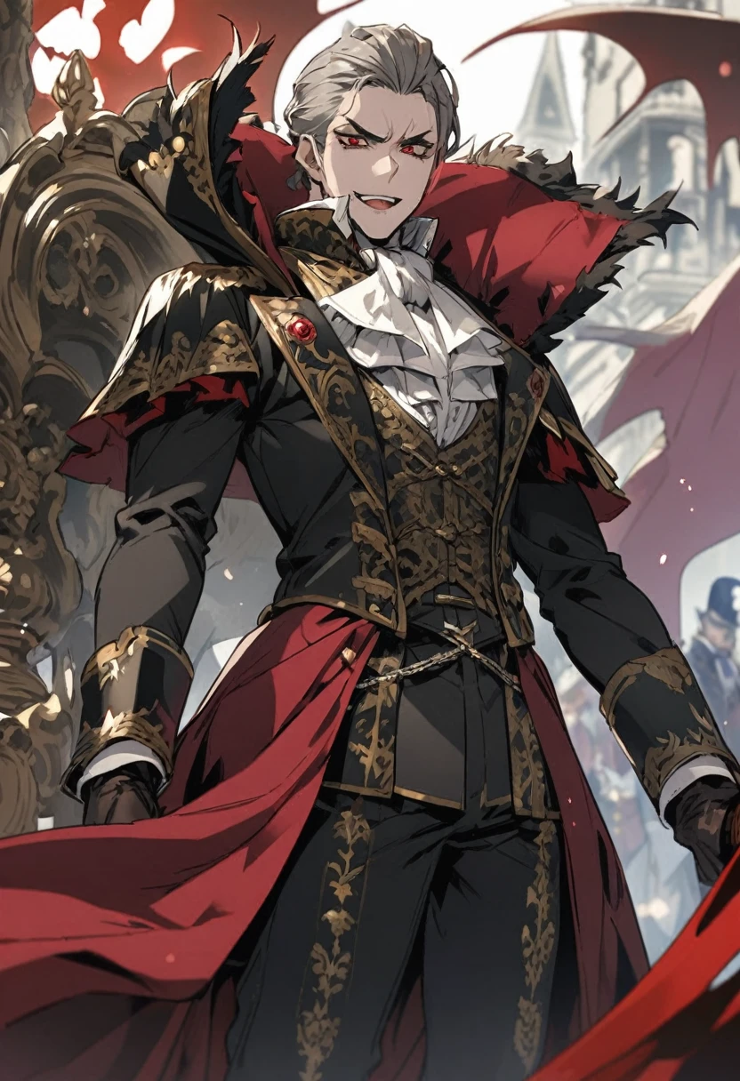 Vampire、Nobleman's Mansion、Super luxury room、Elegant furnishings、Late Night、Glowing red eyes、Vampireの牙、