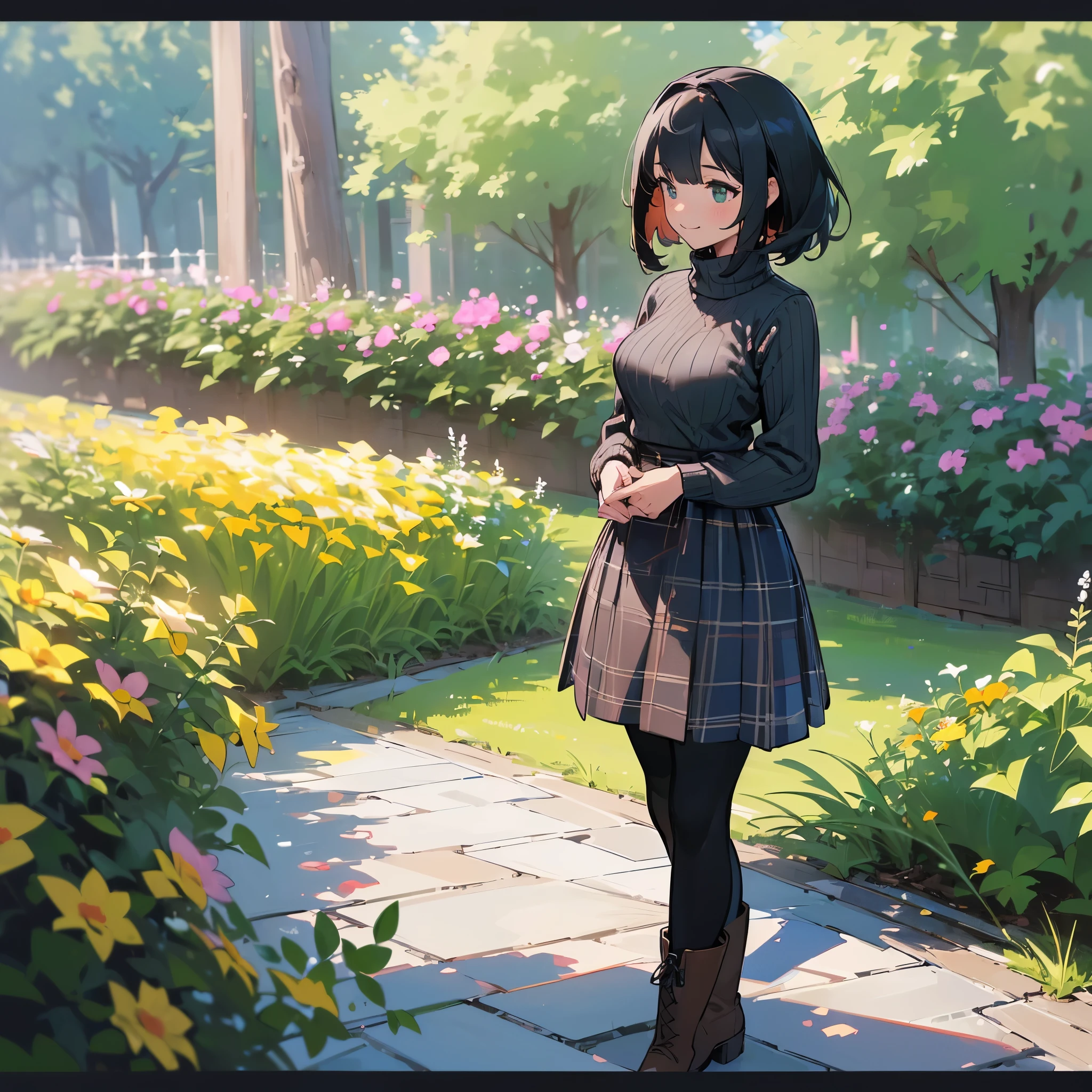 (high quality, High resolution, Very detailed, 8K, reality:1.37), Peaceful atmosphere, (Outdoor, garden), age girl standing alone, (my breasts are big.), Beautifully detailed features, Cute Smile, (Black bob hair), Ribbed sweater, Blue plaid skirt, black tights, Brown boots.