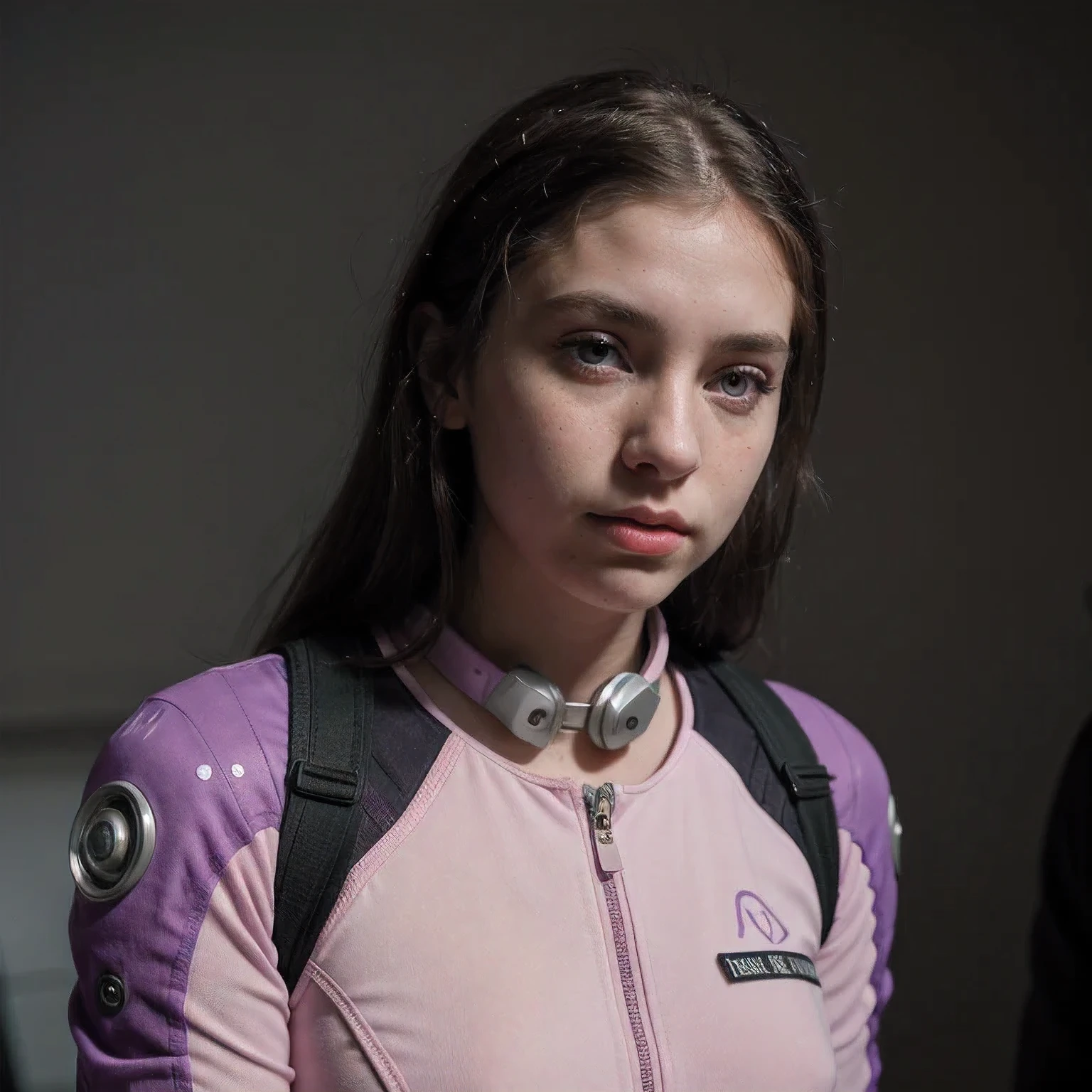 Photo of a college student, Purple Pink, Futuristic space suit, (freckle:0.8) Cute face, Science Fiction, Dystopia, Delicate eyes, Green pupils（（side view））