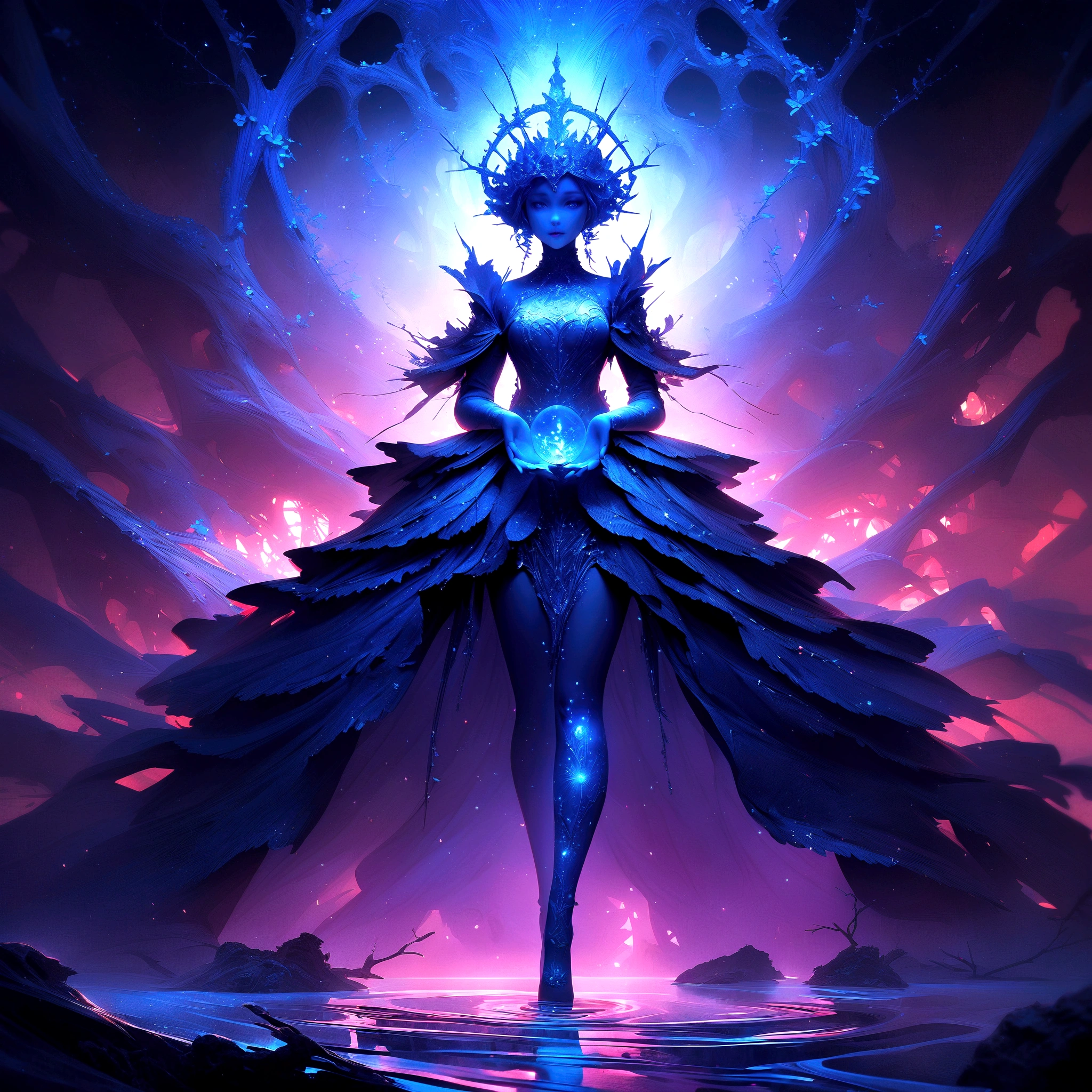 surrealist art breathtaking A stunning high quality photo of a mystical figure with a blue hue, adorned with an ornate headdress that resembles a blend of tree branches and flowers. The figure's eyes are strikingly red, and it extends its hands towards the viewer, creating an ethereal and captivating aura. The background is a deep blue, adding to the enchanting ambiance. The figure seems to be emerging from a body of water, with a silhouette of a person visible at the bottom.. award-winning, professional, highly detailed . dreamlike, mysterious, provocative, symbolic, intricate, detailed