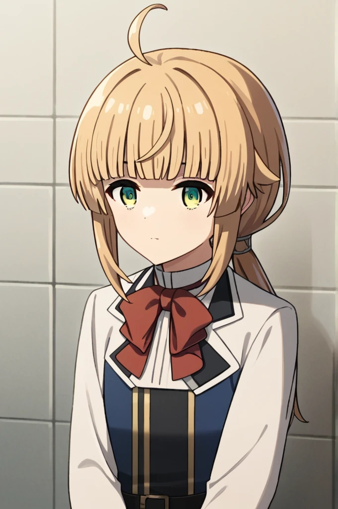 (((Pixel Perfect, Perfect detail))),score_9, score_8_superior, score_7_superior, sauce_anime,
One girl, View your viewers, Portraiture,
Norn_Greyrat, bangs, Blonde, Long Hair, Yellow-green eyes, Ahoge, Side Lock, blunt bangs, Hair flap, Low Ponytail,
Long sleeve, Red bow tie, White shirt, , belt, ,
break masterpiece ,8k unity wallpaper,anime key visual,highest quality, High resolution,  (shape:0.8),anime coloring,
highly detailed face, detailed eyes,growing eyes,shiny skin,fine skin,white skin,dense skin,detailed hair,highly detailed legs,
perfect lighting, Detailed CG, 
(perfect hands, perfect anatomy),High resolution,
Break slender limbs, delicate curves, dainty hands,figure:0.8,