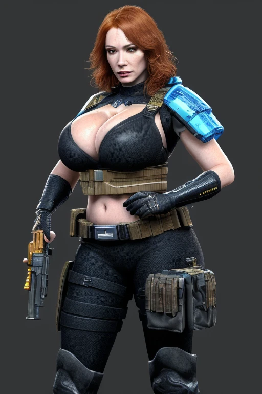 Christina Hendricks as an Rainbow Six character, alluring 48 year old woman, High-quality facial research of Christina Hendricks, (Christina's sculpted cheekbones and slight wrinkles around the face), High-quality detailed research of Christina Hendricks voluptuous figure, large breasts, buxom chested. ((aiming at the viewer with a gun)), armored uniform, utility belt, two pistols, gun holsters, thick boots. Whole body, Casual pose, Beautiful pose, (Extremely detailed CG 8k wallpaper), (Extremely delicate and beautiful), (Masterpiece), (Best quality: 1.0), (Ultra-high resolution: 1.0), Beautiful lighting, Perfect lighting, Realistic shadows, [high resolution], Detailed skin, Super detailed (((Colorful))), Digital art, Rainbow Six concept art, full body concept art, Expert concept art with high detail, concept-art，Such as Ernest Khalimov, fps game concept art, concept-art, Vivian Rocray style, Video game concept art, 4K, full body portrait
