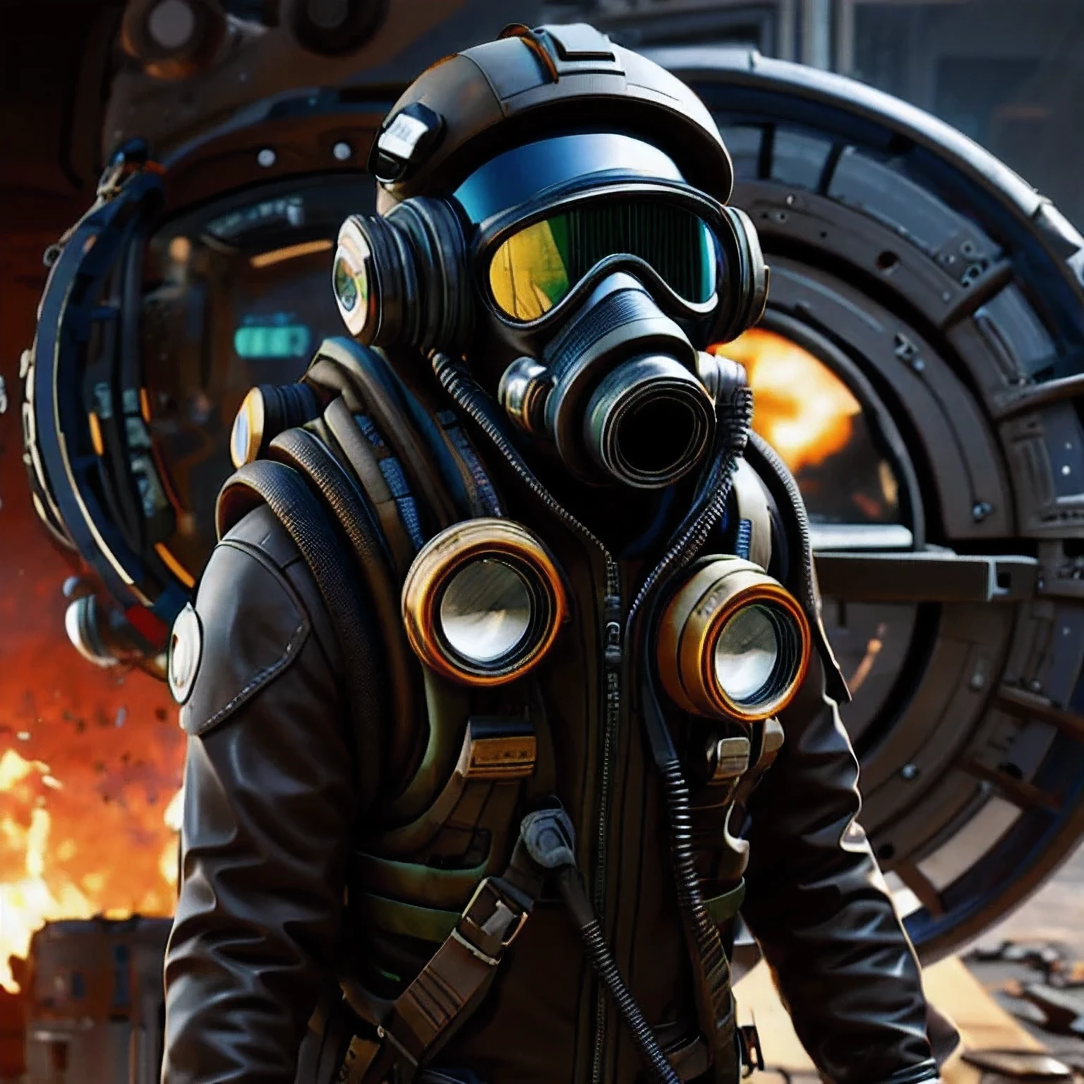 Image of a man wearing a gas mask and goggles, Science Fiction Characters render, 3D rendering style, Science Fiction Characters, Post-apocalyptic explorer, Science Fiction Characters, Stylized 3 D rendering, 3 d character render, sci - fi pilot, Sci-fi soldier, character render, Stylized characters, Dusty spacesuit(((Goggles)))(one person)