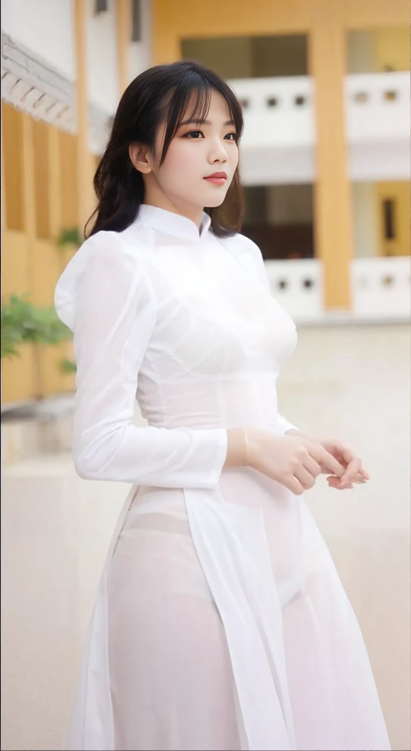 Seethrought ao dai, clearly visible underwear and body inside, see-through panties, see-through bra, Tuyet Linh, big breasts, big butt,