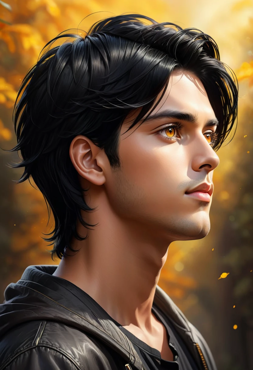Realistic digital illustration of handsome black haired boy and amber eyes in profile