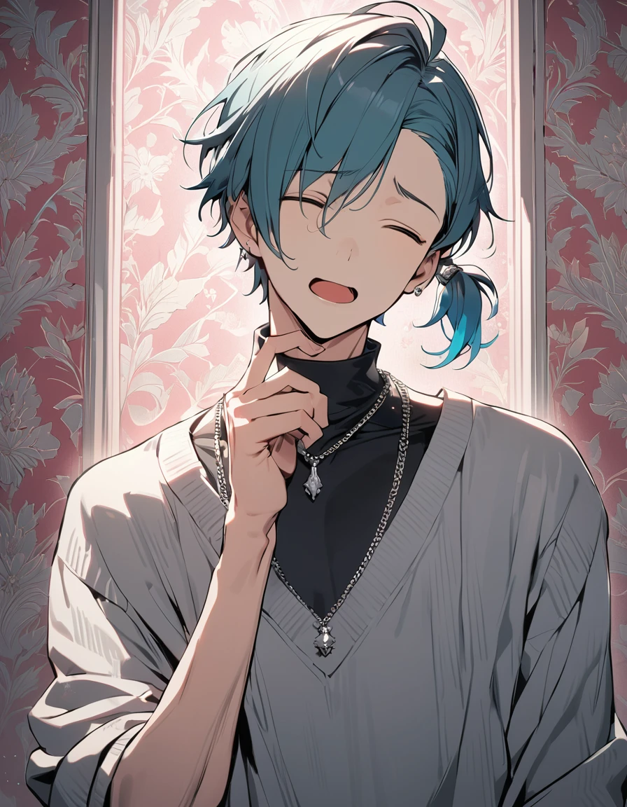((((best masterpiece, best quality, wallpaper,)))) solo, guy, male body, small muscles, flat chest, 1male, 30 years old, handsome man, dramatic angle, upper body, looking at viewers, beautiful detailed, finger to mouth, mediumturquoise hair, ((((Lower short ponytail)))), asymmetrical bangs, ((short hair,)) cold expression, ((( closed eyes, ^o^, tareme, droopy eyes,))) perfect face, extremely closed eyes, perfect hands, sharp nose, clear face, black turtleneck, grey cardigan, ((silver piercing, simple silver necklace,)) leggings, pink background color ultrasharp, 8K, masterpiece,