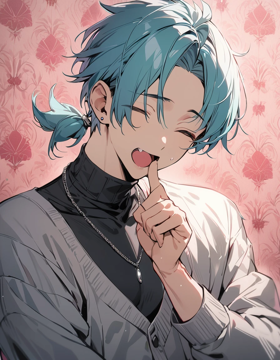 ((((best masterpiece, best quality, wallpaper,)))) solo, guy, male body, small muscles, flat chest, 1male, 30 years old, handsome man, dramatic angle, upper body, looking at viewers, beautiful detailed, finger to mouth, mediumturquoise hair, ((((Lower short ponytail)))), asymmetrical bangs, ((short hair,)) cold expression, ((( closed eyes, ^o^, tareme, droopy eyes,))) perfect face, extremely closed eyes, perfect hands, sharp nose, clear face, black turtleneck, grey cardigan, ((silver piercing, simple silver necklace,)) leggings, pink background color ultrasharp, 8K, masterpiece,