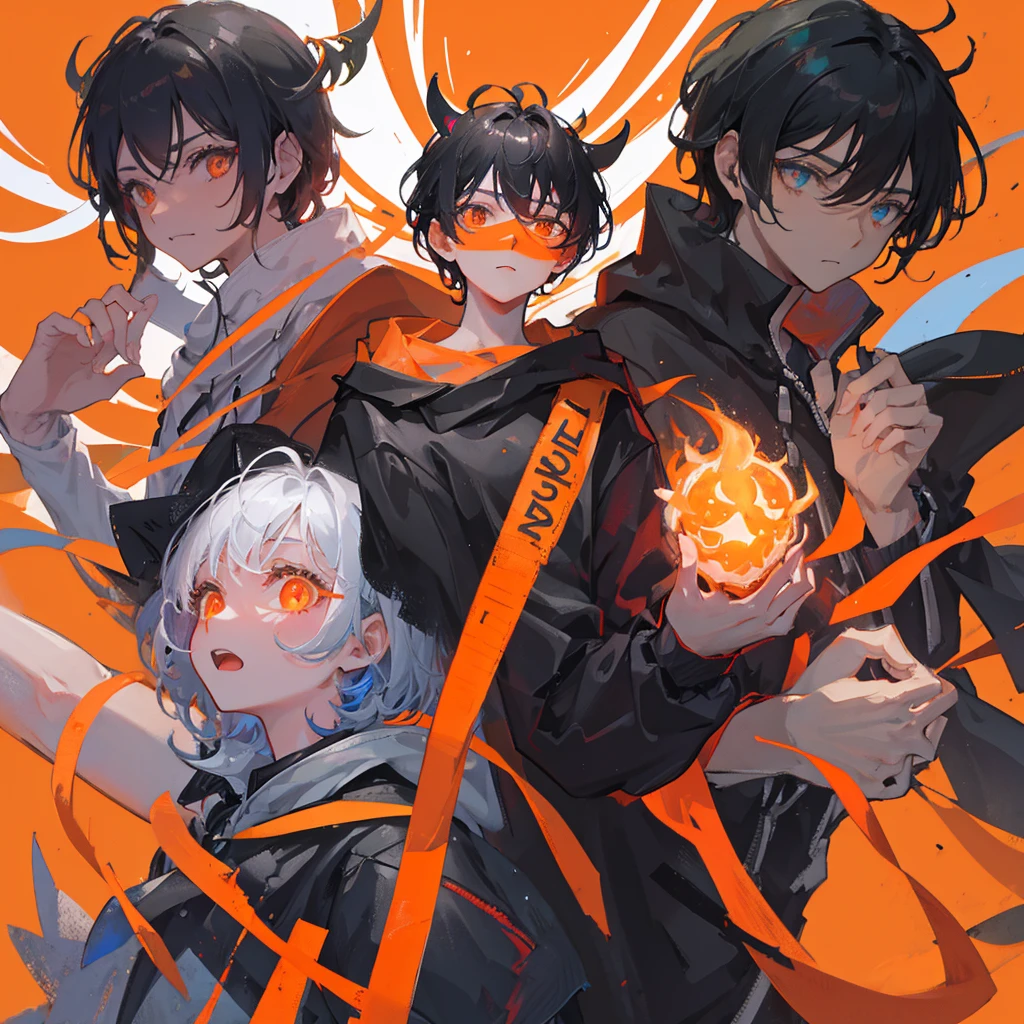 A demon boy,Black short hair,flame,Many masks are suspended in the air,((Solid orange background))