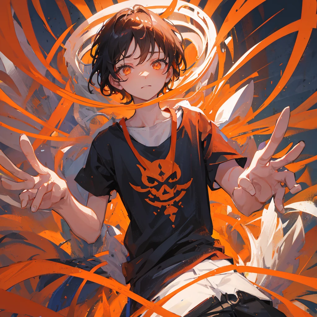 A demon boy，Black short hair，flame，Many masks are suspended in the air，((Solid orange background))