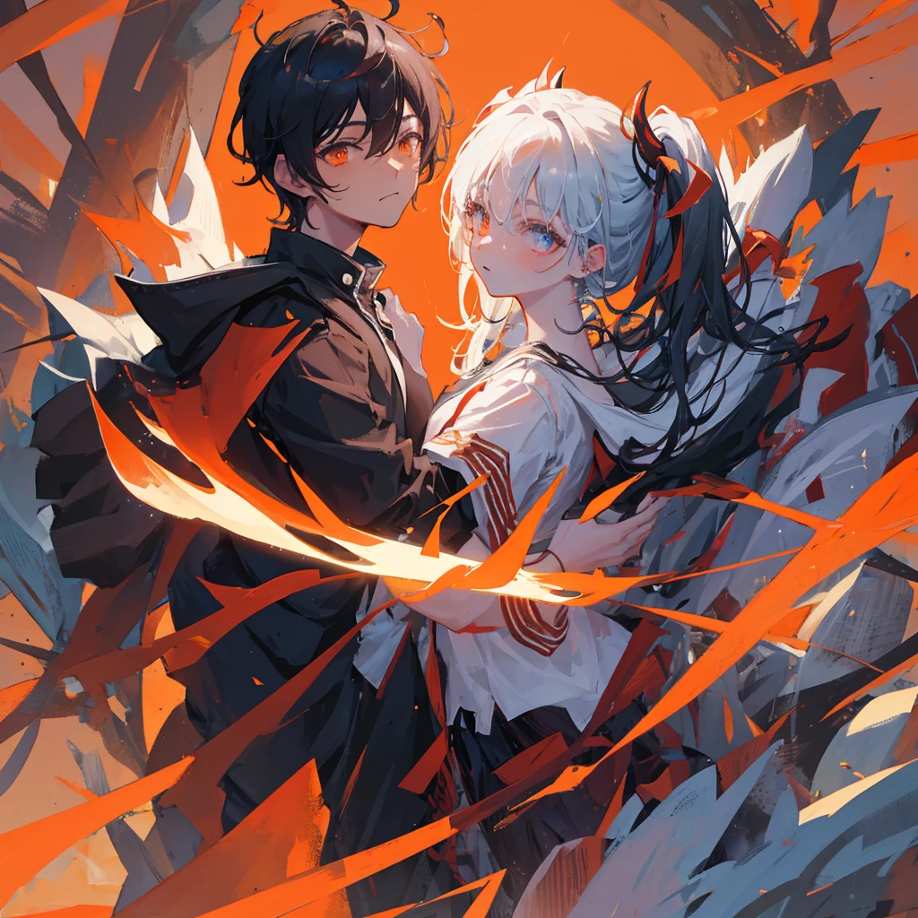 A demon boy,Black short hair,flame,Many masks are suspended in the air,((Solid orange background))