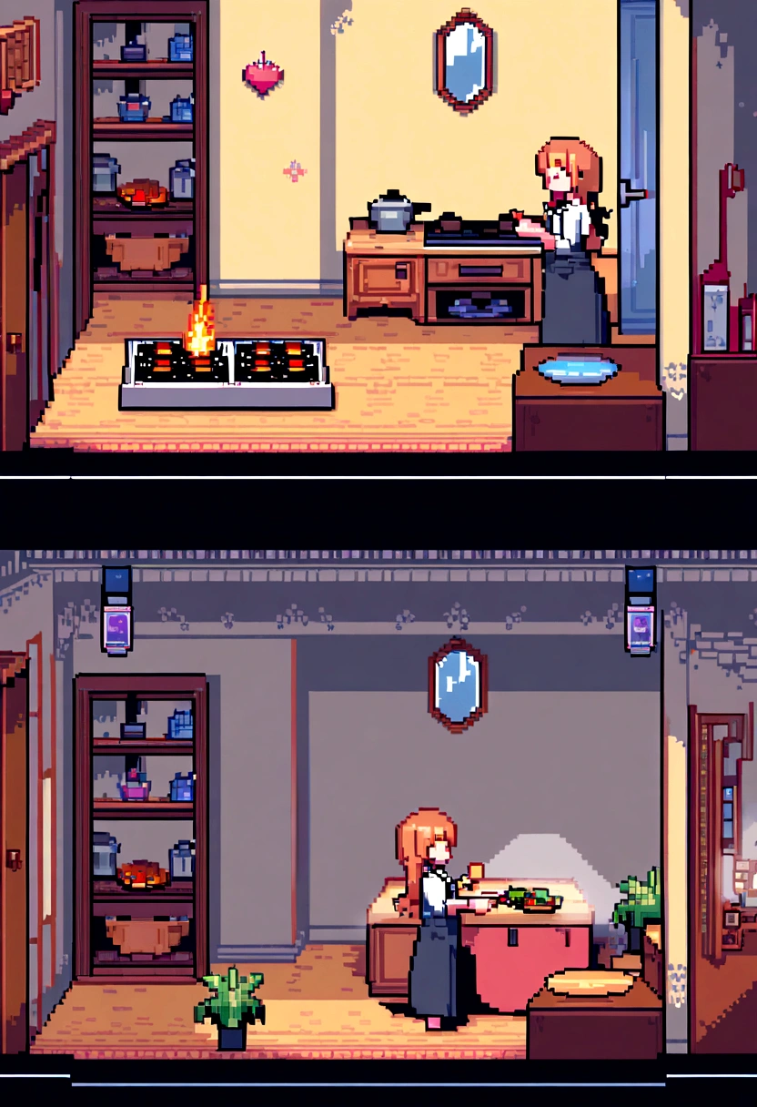 (Best Quality,high resolution), pixel art, vibrant colors, nostalgic atmosphere, Immersive gameplay, 16-bit graphics, pixel perfect controls, two women cooking, humble kitchen, 