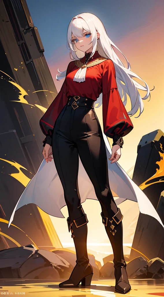 character sheet, character design, multiple angles, full body, beautiful woman, white hair, long hair, ((crew cut: 1)), blue eyes, fair skin, ((muscular: 1)), female, 28 years old Wearing a black long-sleeved blouse, red and yellow details, a brown leather shawl, black pants, black boots, queen of summer, sun, black fire, white fire, fire in the background