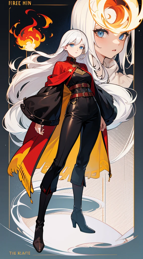 character sheet, character design, multiple angles, full body, beautiful woman, white hair, long hair, ((crew cut: 1)), blue eyes, fair skin, ((muscular: 1)), female, 28 years old Wearing a black long-sleeved blouse, red and yellow details, a brown leather shawl, black pants, black boots, queen of summer, sun, black fire, white fire, fire in the background