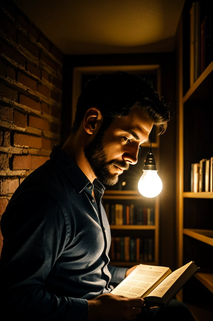 A man reading a book in the dark