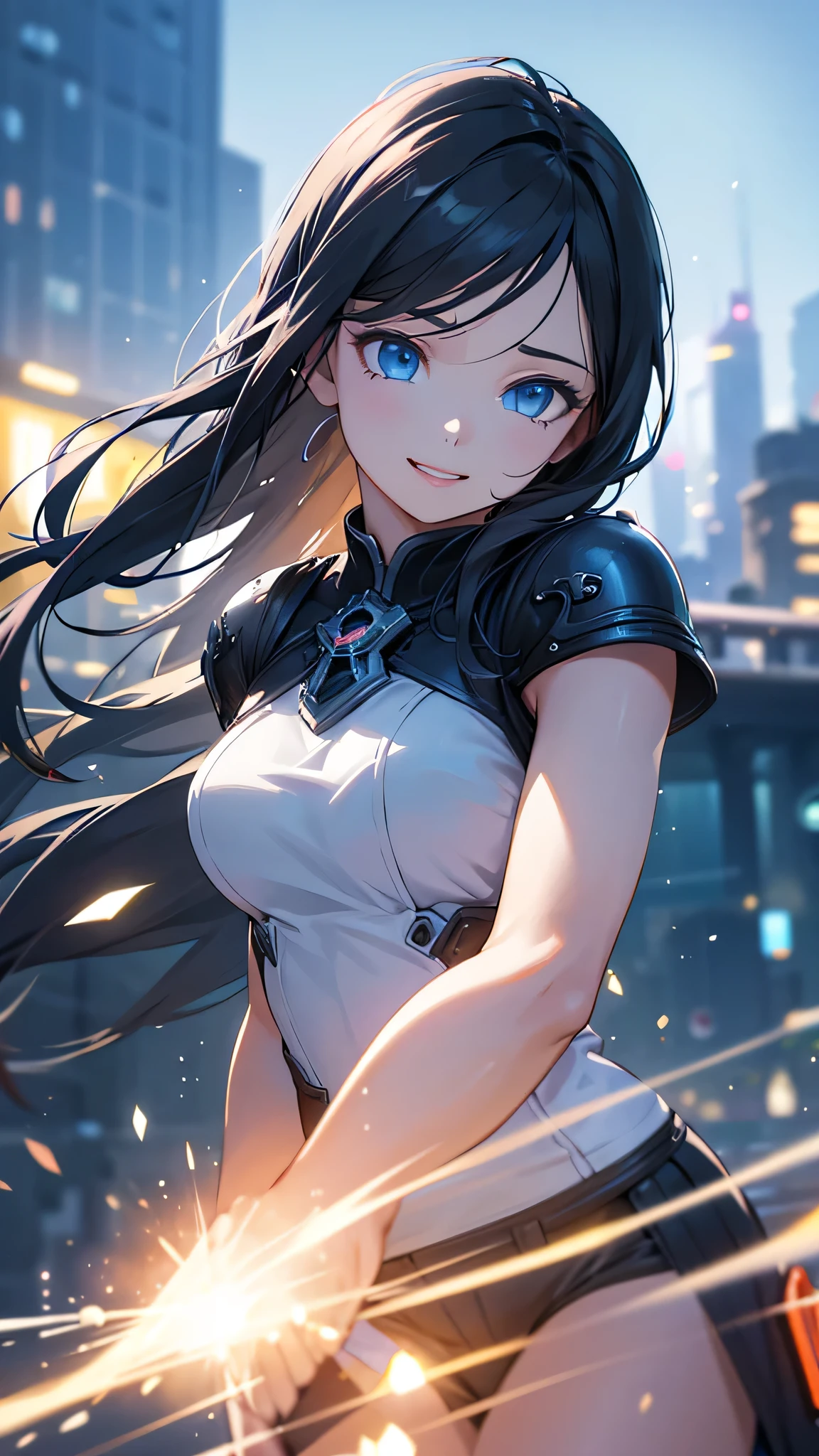 1girl,falling from the sky,long black hair,light blue eyes,,smiling,fantasy,particles of light,best quality,4k,8k,highres,masterpiece:1.2,ultra-detailed,realistic,photorealistic,photo-realistic:1.37,hdr,uhd,studio lighting,ultra-fine painting,sharp focus,physically-based rendering,extreme detail description,professional,vivid colors,bokeh