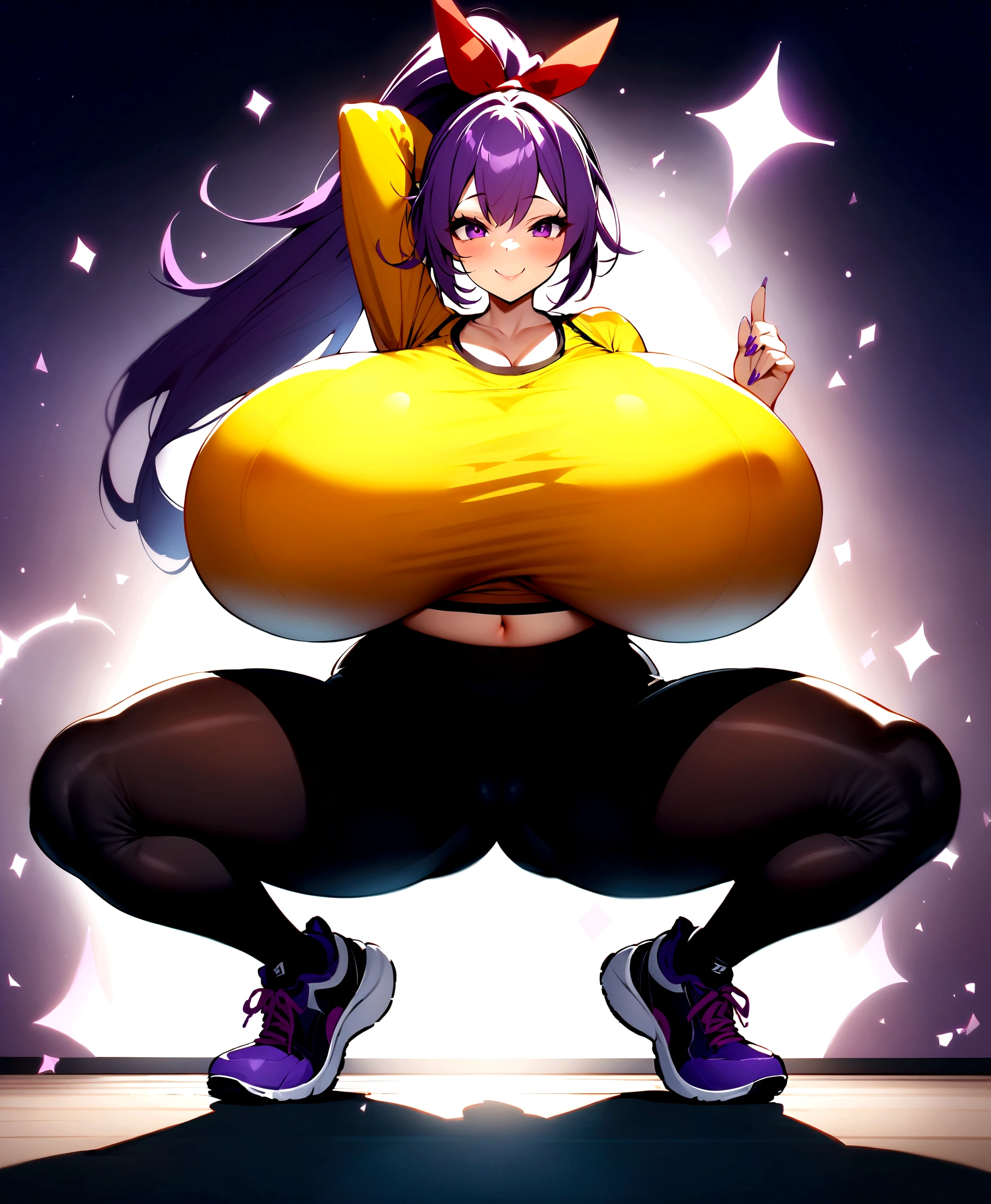 score_9, score_7_up, 1girl, simple background, white background, BBFate purple eyes, long hair, purple hair, hair ribbon, red ribbon, long dress, gigantic breasts, thick thighs, wide hips, squatting, sports footwear, nails, long nails, violet nails, nail pollish, ponytail, smile, open jacket, yellow tank top, black leggings, yoga pants,   aidma-niji、niji 