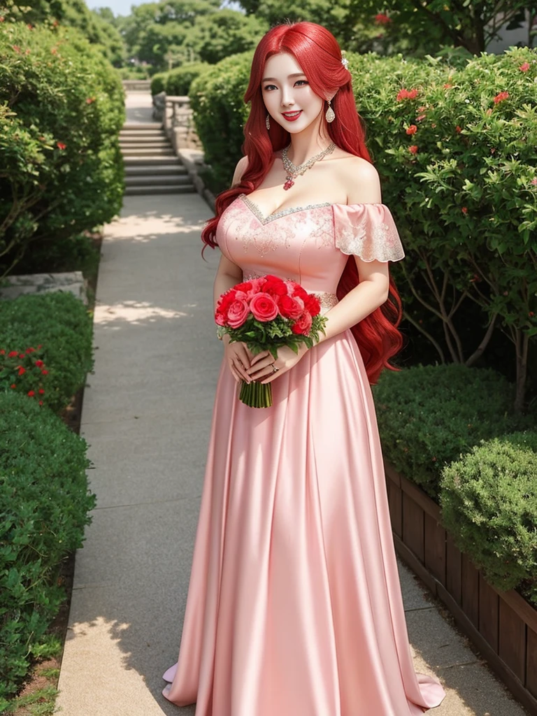 1girl, long hair, red hair, green eyes, pink lips, red eyeshadow, diamond necklace, smile, blush, happy face, full body, huge breasts, mature female, korean girl, wedding dress, long dress, off shoulder dress, red dress, 