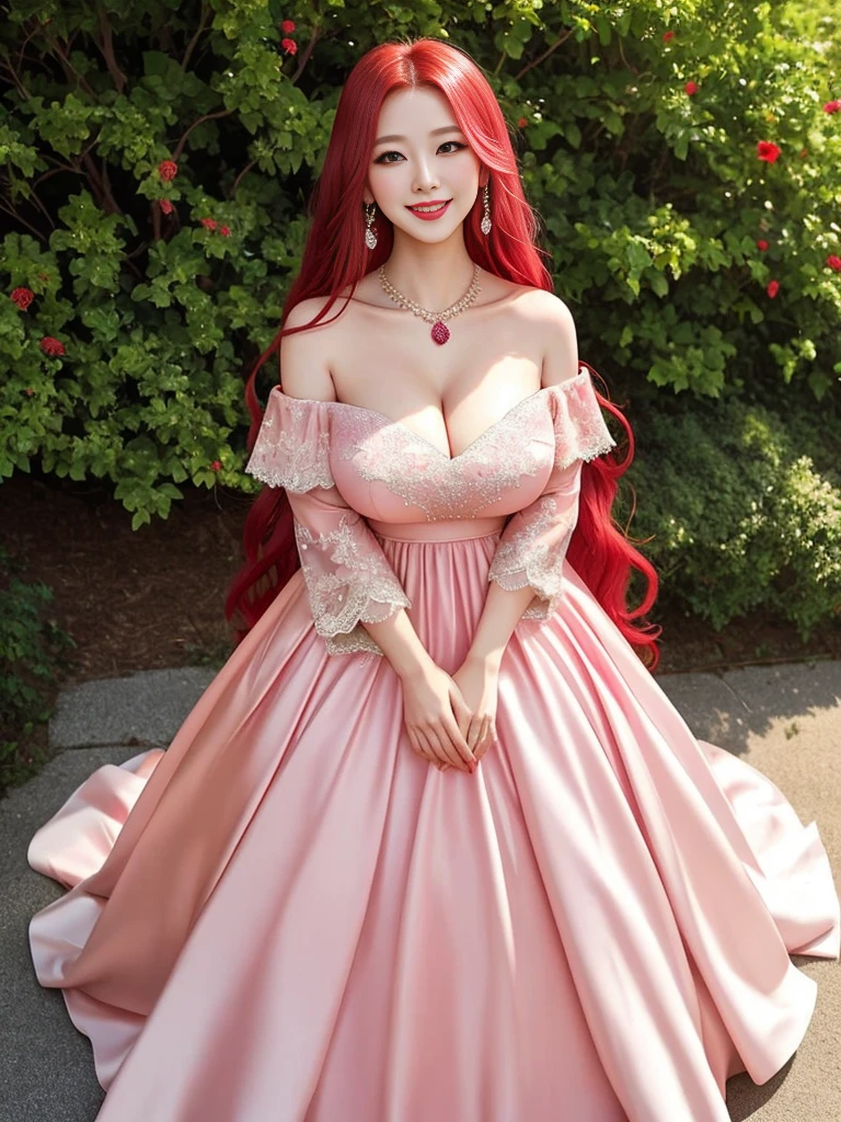 1girl, long hair, red hair, green eyes, pink lips, red eyeshadow, diamond necklace, smile, blush, happy face, full body, , mature female, korean girl, wedding dress, long  shoulder dress, red dress, 