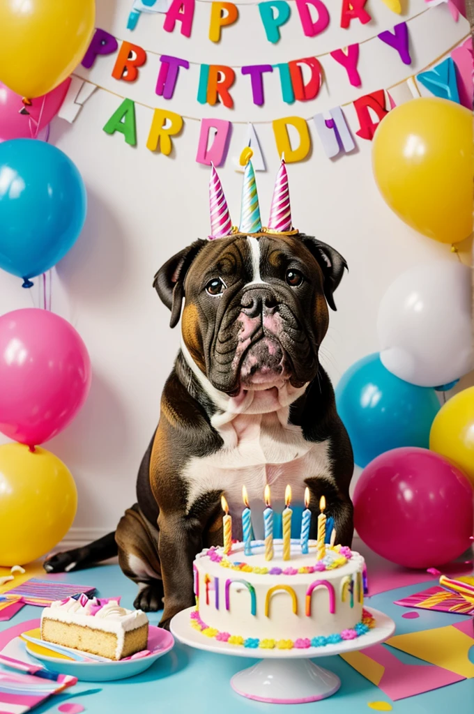 Create a creative and beautiful happy birthday image featuring a cute bull dog, with a cake and balloons around it and with a sign that says happy birthday to the bull dog