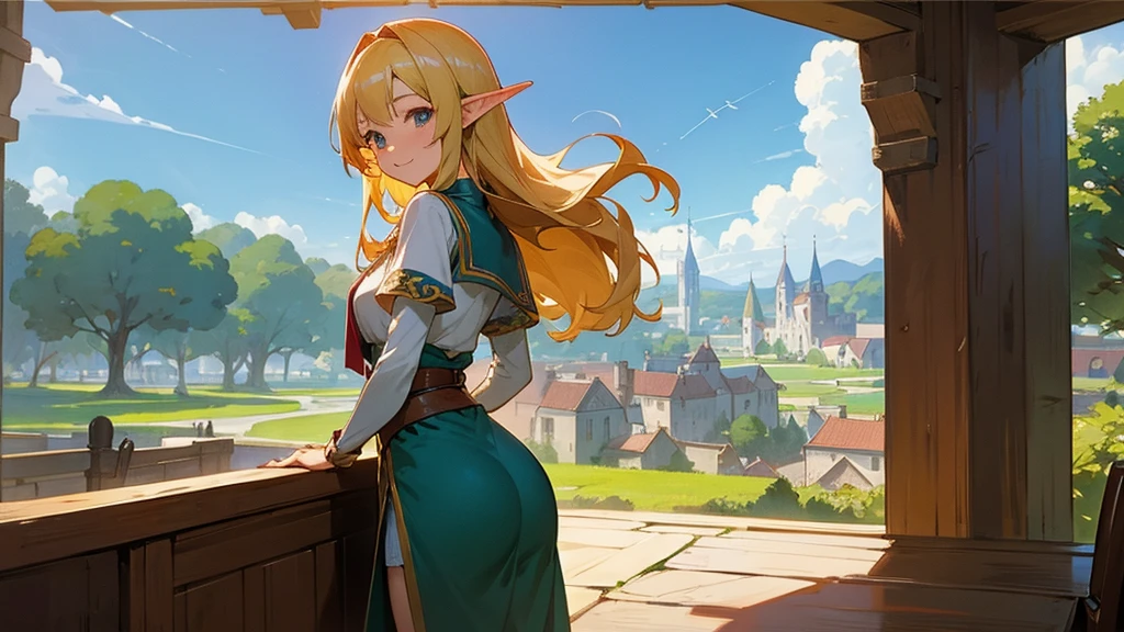 Anime Style,Nostalgic,Detailed background,The medieval world,A lively bar with lots of people,Beautiful sky,A beautiful bard elf girl looking back at me,Protruding buttocks
