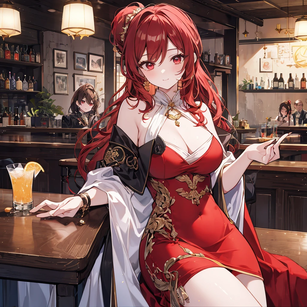 Anime style painting, An illustration, liquor, Woman sitting at a bar drinking a cocktail, 背景の棚には多彩な色のliquor瓶が並んでいる, Quiet bar, Calm expression, Perfect hands, elder, Red Hair, The dignity of a 50-year-old, ほろ酔いのwoman, solo、(Highly detailed background:1.0)、(Highly detailed background:1.0)、masterpiece、Highest quality、(Babes)、Fractal Art、Red eyes、Narrow eyes、Black and red dress, Reddish lips、From the shoulders up、smile、One Woman、Red long ponytail, Curly Hair, Red eyes,Golden accessories, solo, Big Breasts, woman, Take-out, Provocative laughter,40 year old woman,Queen of Sadism, Highly detailed background, Perfect Human Medicine,