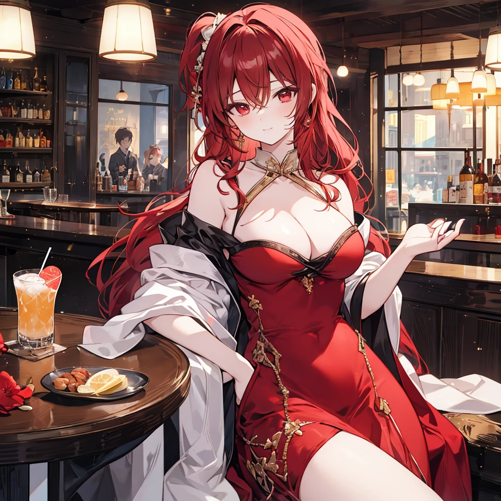 Anime style painting, An illustration, liquor, Woman sitting at a bar drinking a cocktail, 背景の棚には多彩な色のliquor瓶が並んでいる, Quiet bar, Calm expression, Perfect hands, elder, Red Hair, The dignity of a 50-year-old, ほろ酔いのwoman, solo、(Highly detailed background:1.0)、(Highly detailed background:1.0)、masterpiece、Highest quality、(Babes)、Fractal Art、Red eyes、Narrow eyes、Black and red dress, Reddish lips、From the shoulders up、smile、One Woman、Red long ponytail, Curly Hair, Red eyes,Golden accessories, solo, Big Breasts, woman, Take-out, Provocative laughter,40 year old woman,Queen of Sadism, Highly detailed background, Perfect Human Medicine,