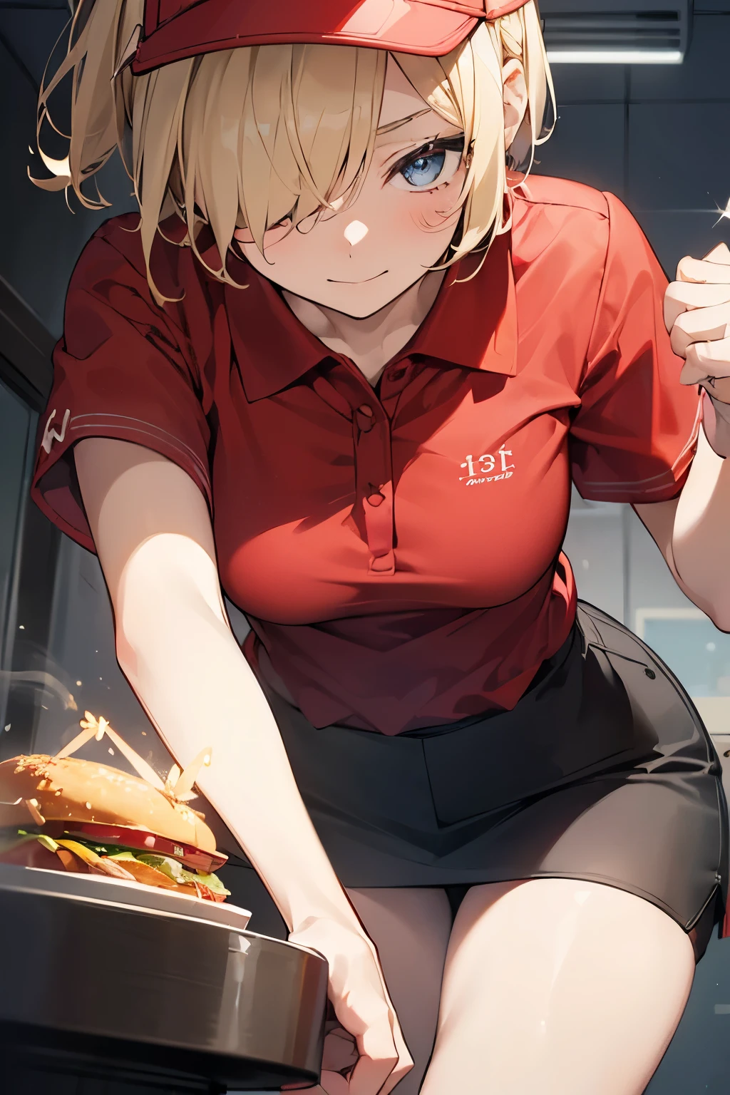 ①morning,(lighting forward:1.9) .
②:Highest quality, Anime Moe Art Style,最高のアニメ8Kこなちゃんの壁紙,pixiv Contest Winner,Perfect Anatomy, Very detailed,High resolution,Very detailed肌, Professional Lighting,8K ,
③:(One Girl:1.5), Young,(alone,:1.8),high school student, (short hair:1.4), (straight hair:1.6),(normal breasts),(hair over one eye:1.8),(light blonde hair:1.8),Complete limbs,Full Finger, blue eyes, hairpin, beautiful detailed eyes, (pale skin),one eye closed,sparkling pupils,Smile④:(from front),(close up:1.4).
⑤:(red polo shirt:1.5),(red visor:1.5),(darkgreen pencil skirt)
⑥:Working at the cash register ⑦:FastFood Restaurant,hamburger,french fry