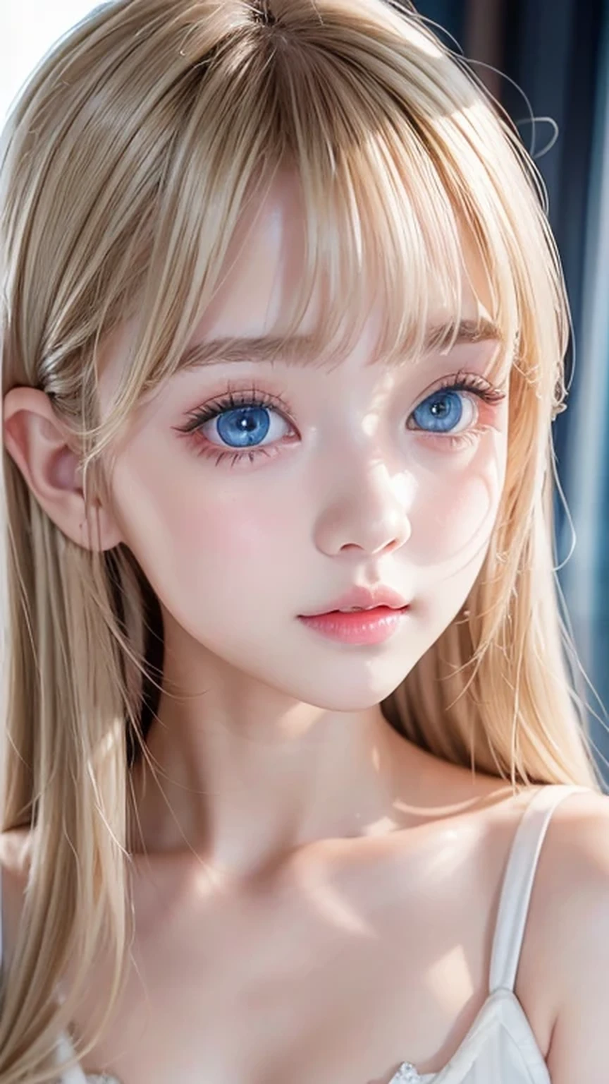 A very cute blonde beauty、Cute 16 years old、Very beautiful bright pale light blue large eyes、Very big eyes、Gloss Face、Snow-white glossy skin、Cheek gloss highlighter、Super long hair、Ample Bust、Beautiful bangs between the eyes、Small Face Beauty、round face、eyeliner