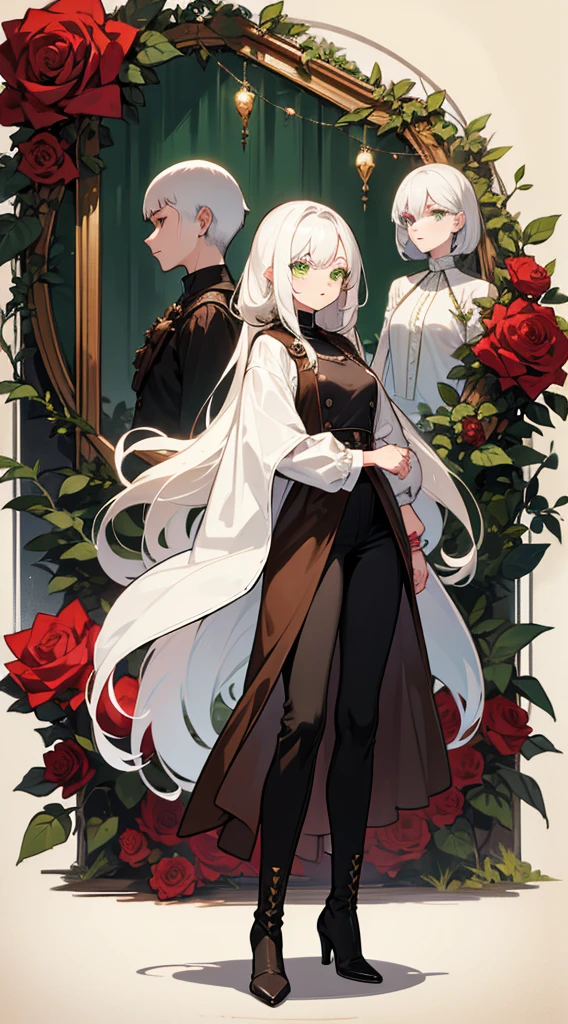 character sheet, character design, multiple angles, full body, beautiful woman, white hair, long curly hair, ((crew cut: 1)), green eyes, fair skin, ((muscular: 1)), female, 28 years old Wearing a black blouse with green and brown details, a blouse brown leather shawl, black pants, black boots, roses, spikes with thorns, roses with eyes, eyes in the shallows, demon roses.
