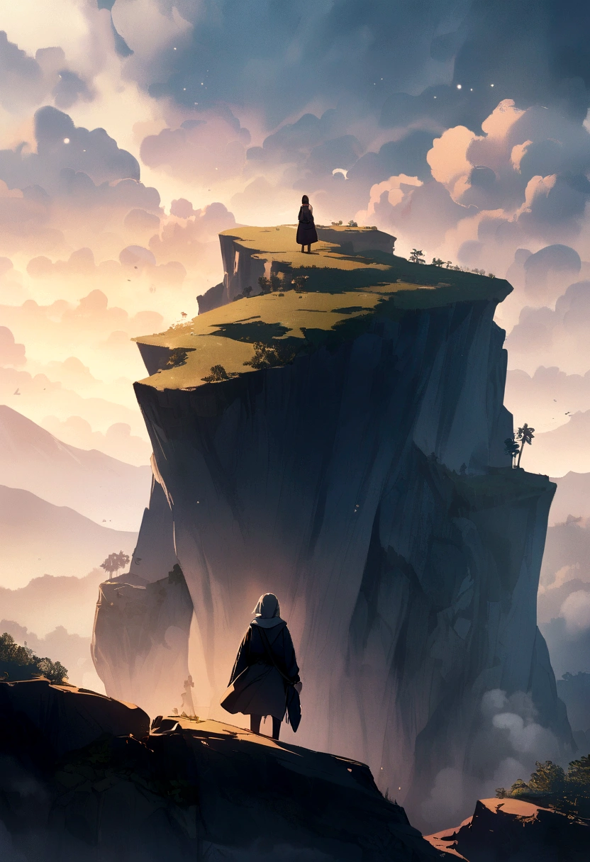 Make a character on a cliff something deep and kind of sad 