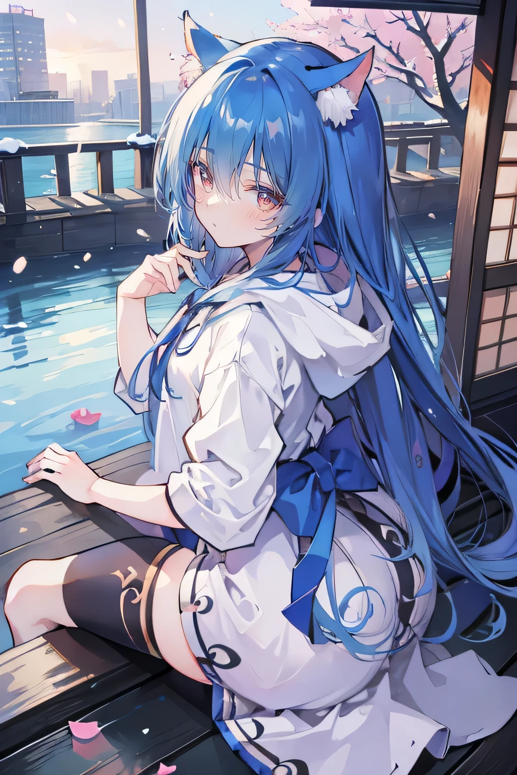 （masterpiece：1.2），Super detailed，lifelike，Expressive eyes，fair skin，perfect face shape，1 girl，
Japanese comics,Gorgeous blue hair,flowing blue hair,flowing clothes,Cat ears,Petals fall,beautiful lola,Baby Angel,
Shaking head with one hand，Cross your legs，Gentle and peaceful background，The pavilion is cool and comfortable,smile, wearing hoodie, background of tokyo,back views,snowing, winter,lie on the water. 