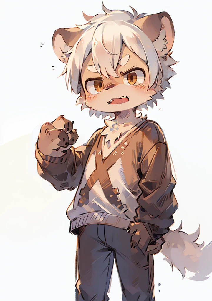 masterpiece,hyena,male,child,Solitary,Minimal details,Delicate eyes,Brown eyes,Hair,White background,Cartoon style,White hair,Facing the camera,very angry,Show your teeth