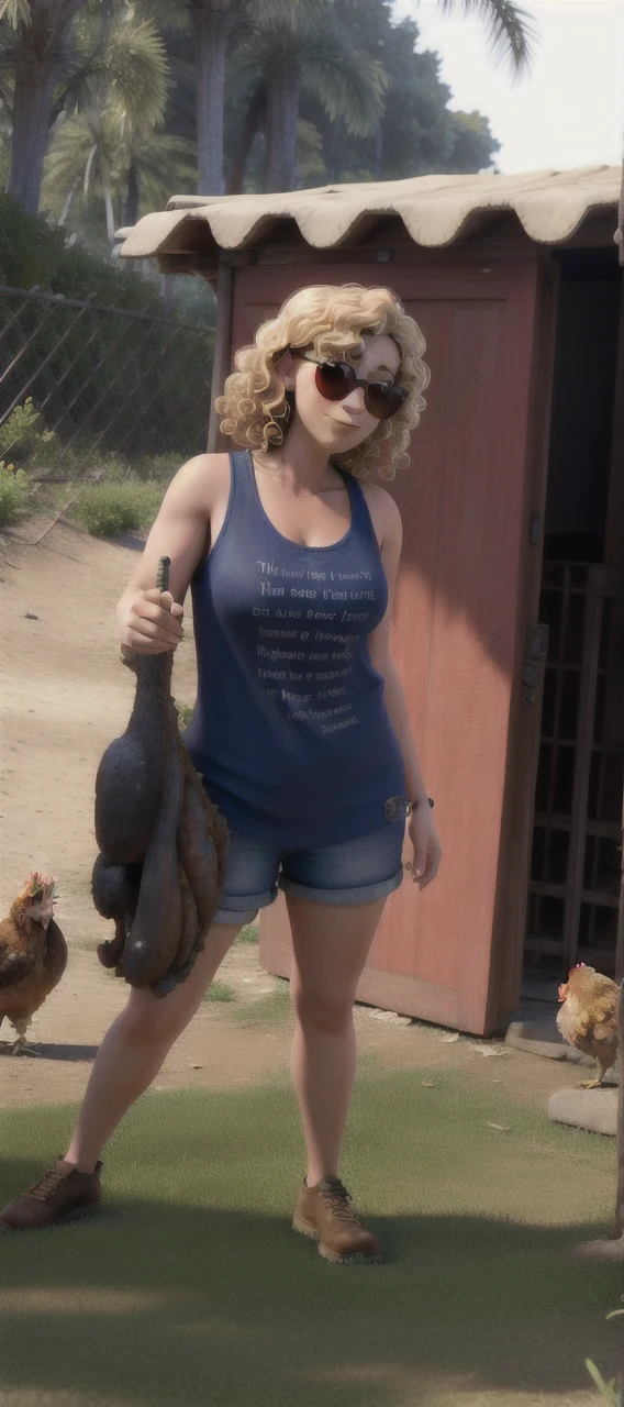 masterpiece, best quality, a woman with sunglasses, medium blonde curly hair and holding a chicken