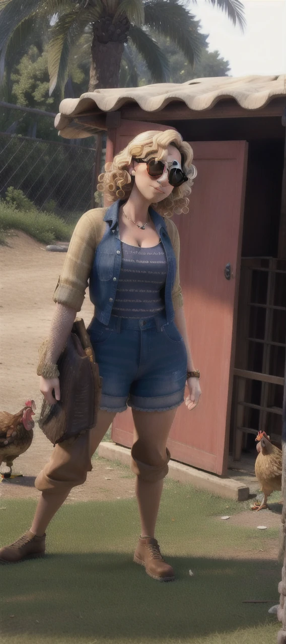 masterpiece, best quality, a woman with sunglasses, medium blonde curly hair and holding a chicken