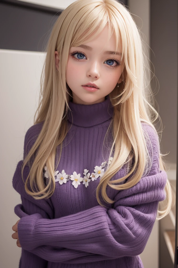 Create an innocent, purple-eyed blonde girl please