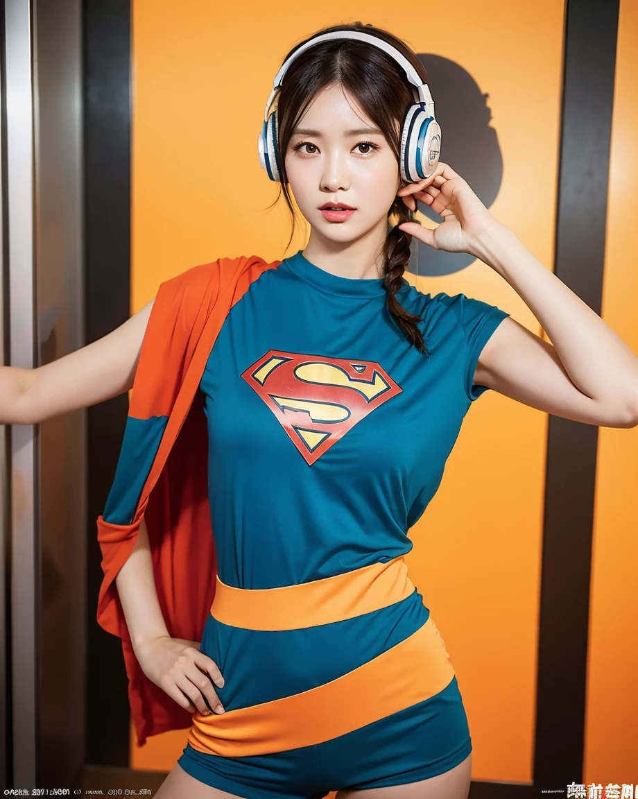 Realistic, 8K, masterpiece, RAW Photos, Highest quality, Realistic, 非常に詳細な CG Unity 8K 壁紙, Written boundary depth, Cinematic Light, Lens flare, Ray Tracing, Perfect lighting,short hair, (Delicate skin), (Delicate face), (Pop Background :1.1), person standing and watching、Comical movement,1 female,Supergirl Costume、Headphones,(Orange Background Padding:DV_Manuela_terrible),Modern Style,Artistic,moving composition,Unique Pattern,Bold Texture,colorful,Imaginative,Whimsical,Vibrant,like々Shii,Playful,Lively,creative,Expressive,stylish,tendency,One Girl,Eating yogurt、Coca-Cola poster