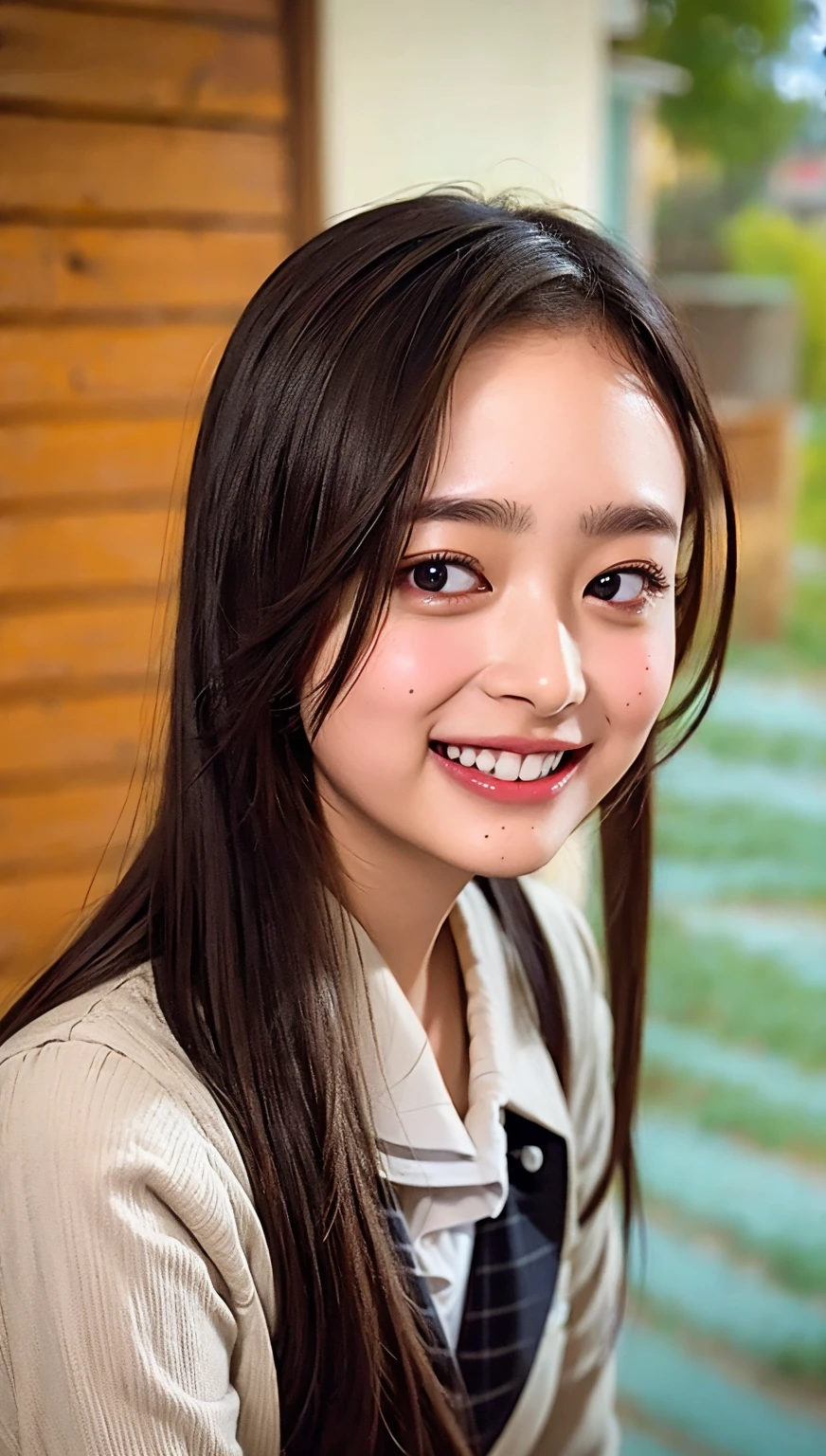 (cowboy shot),Ultra-high resolution,big eyes,(brown eyes),Japanese,(forehead),(a girl),(1 girl),((17 years old)),(cute),pretty,((facing at viewer)),grin,(school uniform),eyes closed
