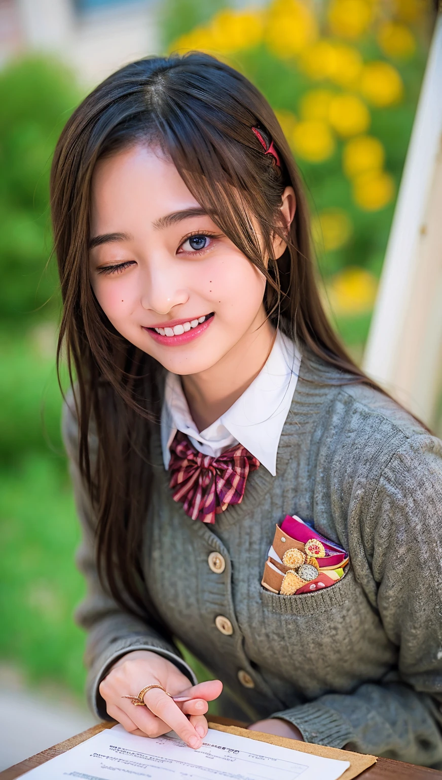 (cowboy shot),Ultra-high resolution,big eyes,(brown eyes),Japanese,(forehead),(a girl),(1 girl),((17 years old)),(cute),pretty,((facing at viewer)),grin,(school uniform),eyes closed