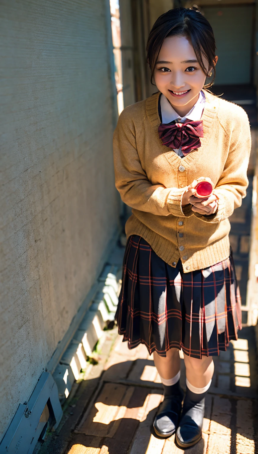 (cowboy shot),Ultra-high resolution,big eyes,(brown eyes),Japanese,(forehead),(a girl),(1 girl),((17 years old)),(cute),pretty,((facing at viewer)),grin,(school uniform),eyes closed
