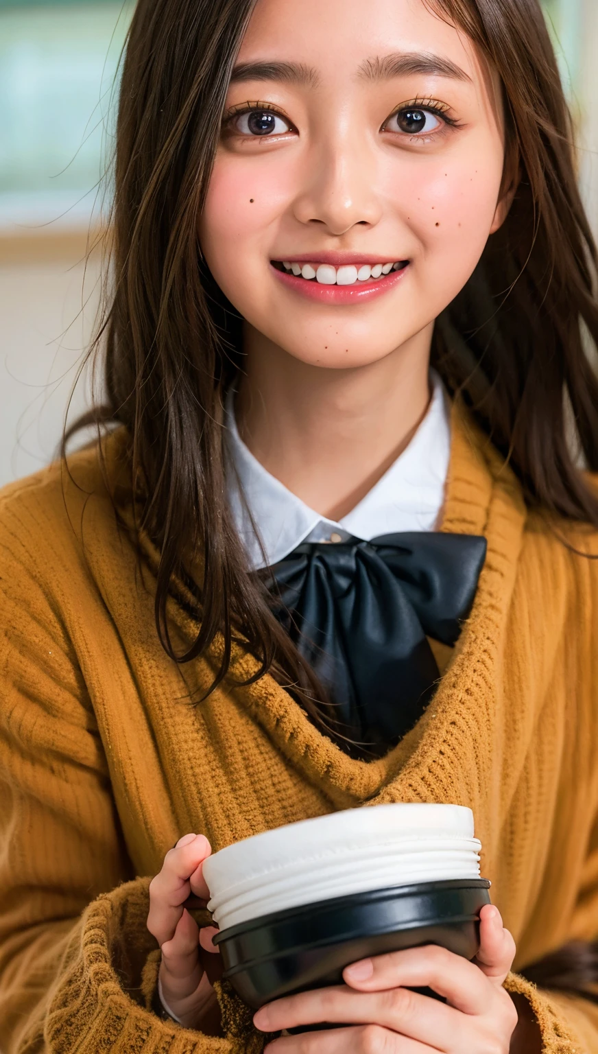 (cowboy shot),Ultra-high resolution,big eyes,(brown eyes),Japanese,(forehead),(a girl),(1 girl),((17 years old)),(cute),pretty,((facing at viewer)),grin,(school uniform),eyes closed