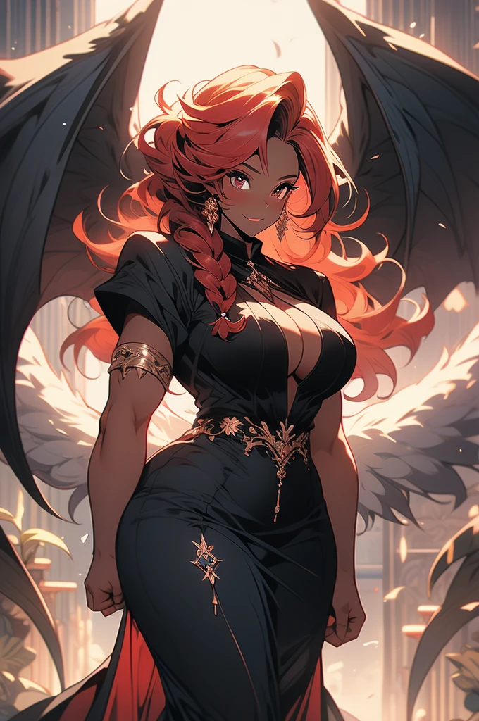 black skin, shy succubus, plump curves, voluptous, red hair, braids, tall, looking down at us, big breasts, gentle smile, black dress, colossal, muscular, huge wings, giant,