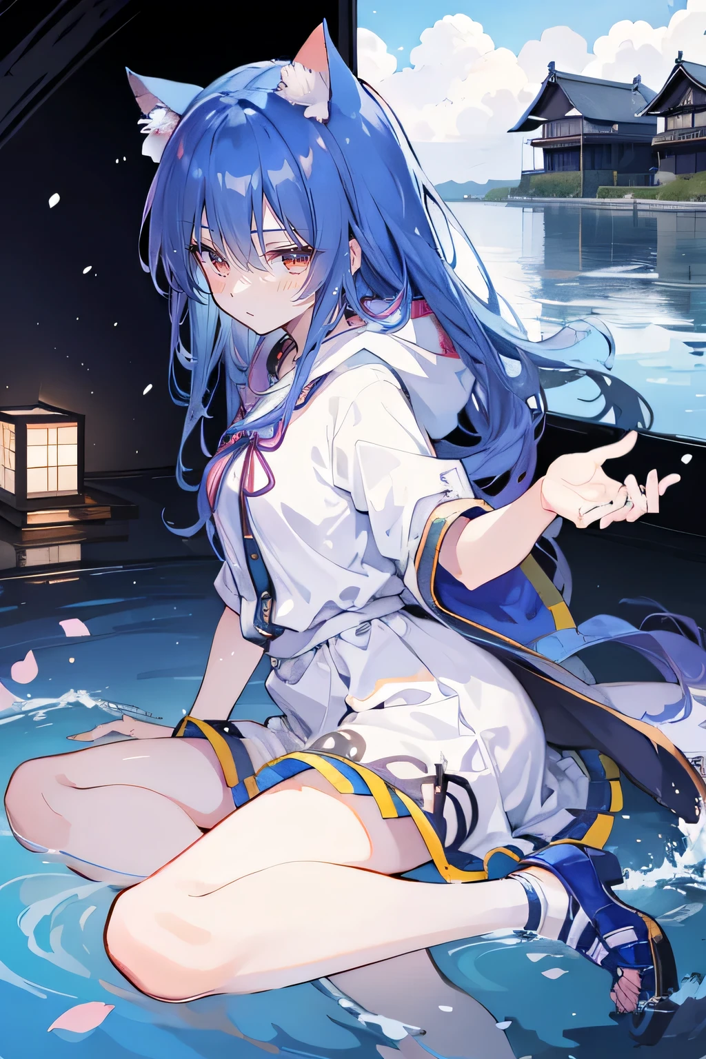 (masterpiece:1.2),Super detailed,lifelike,Expressive eyes,fair skin,perfect face shape,1 girl,
Japanese comics,Gorgeous blue hair,flowing blue hair,flowing clothes,Cat ears,Petals fall,beautiful lola,Baby Angel,
Shaking head with one hand,Cross your legs,Gentle and peaceful background,The pavilion is cool and comfortable,smile, wearing hoodie, background of tokyo,back views,snowing, winter,lie on the water.